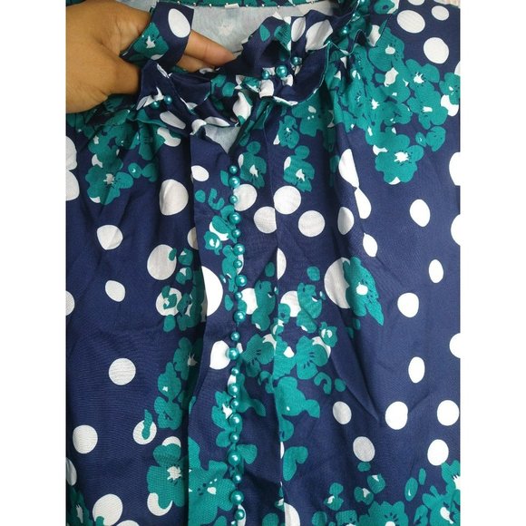 Elegant Pleated Teal Midi Dress with Polka Dotted pattern and front tie bow - Picture 5 of 8